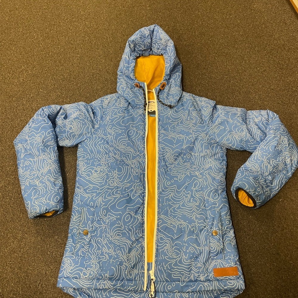 Kavu Blue Printed Puffer Jacket with Yellow Lining